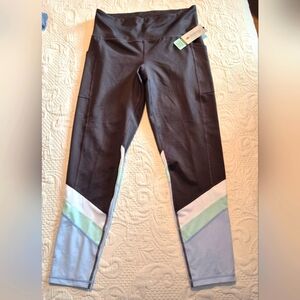 Ideology women's gray ankle leggings white, teal blue color block bottom NWT
